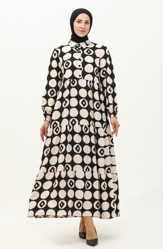 Kleid Aus Viskose Mit Elastischen Ärmeln 24Y8974A-01 Schwarz Beige 24Y8974A-01