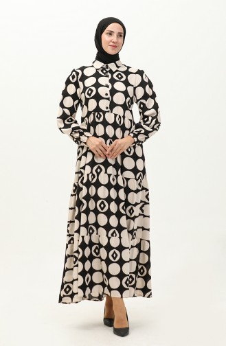 فستان فيسكوز منقوش مطاط الأكمام  24Y8974A-01 أسود بيج 24Y8974A-01