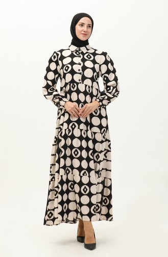 Kleid Aus Viskose Mit Elastischen Ärmeln 24Y8974A-01 Schwarz Beige 24Y8974A-01