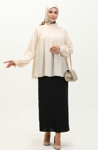 Oyya Rüschendetaillierte Geraffte Bluse 238482-02 Ecru 238482-02