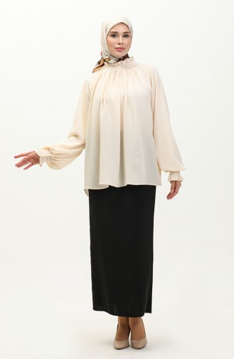 Oyya Rüschendetaillierte Geraffte Bluse 238482-02 Ecru 238482-02