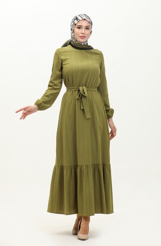 Eteği Büzgülü Pamuklu Kuşaklı Elbise 1085-03 Fıstık Yeşili
