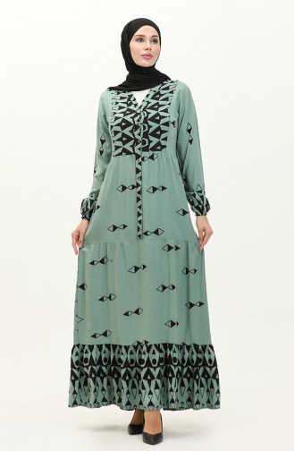 Half-Button Patterned Viscose Dress 0147-01 Green 0147-01