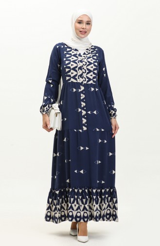 Half Buttoned Patterned Viscose Dress 0147-03 Navy Blue 0147-03