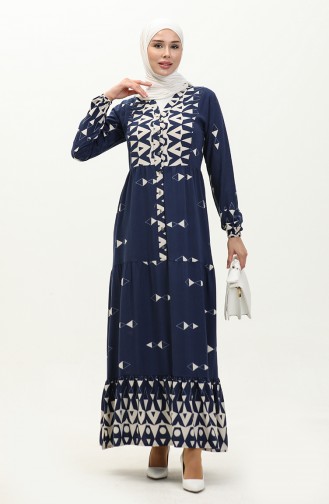 Half Buttoned Patterned Viscose Dress 0147-03 Navy Blue 0147-03