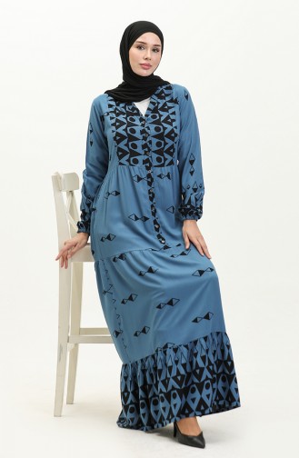 Halb Geknöpftes Gemustertes Viskosekleid 0147-04 Indigo 0147-04