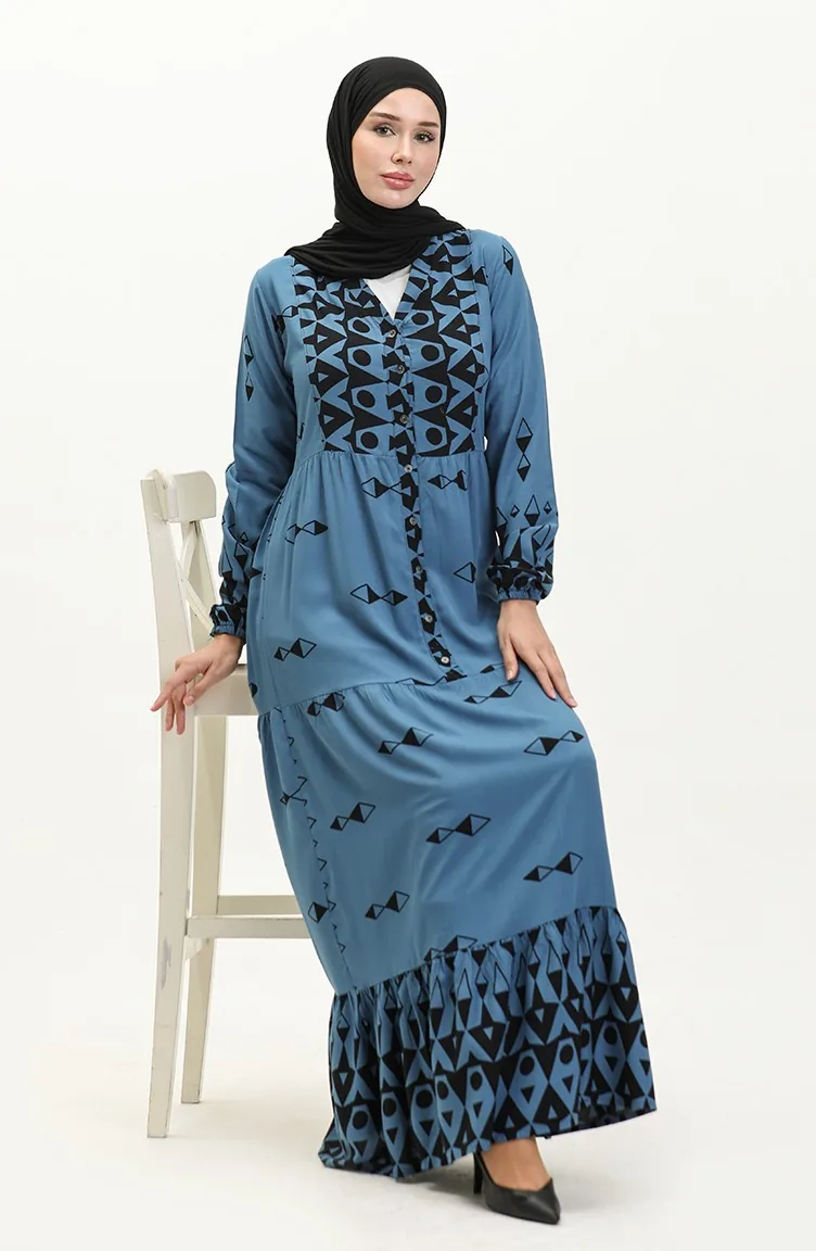 Robe Viscose à Motifs Demi Boutonnée 0147-04 Indigo 0147-04