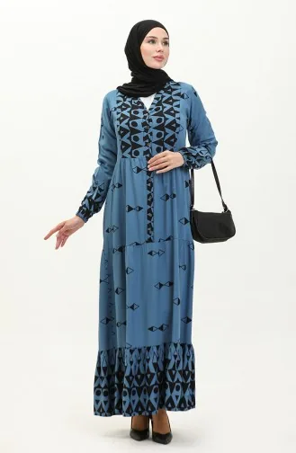 Robe Viscose à Motifs Demi Boutonnée 0147-04 Indigo 0147-04
