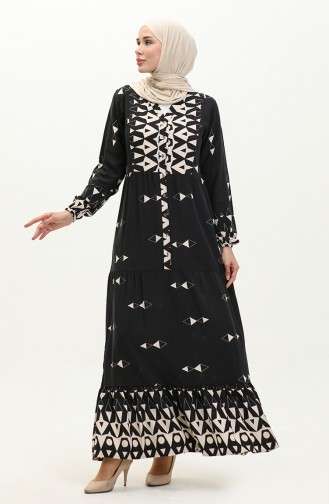 Half Button Patterned Viscose Dress 0147-05 Black 0147-05