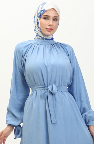 Kolları Bağlamalı Kuşaklı Elbise 0238-02 Mavi