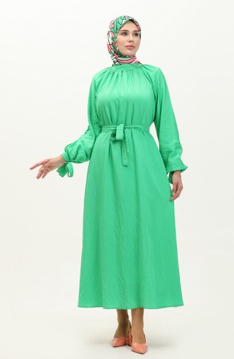 Kolları Bağlamalı Kuşaklı Elbise 0238-03 Yeşil