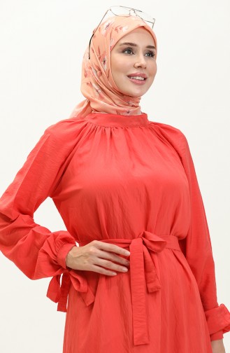 Kleid Mit Gürtel Und Gebundenen Ärmeln 0238-04 Mercan 0238-04