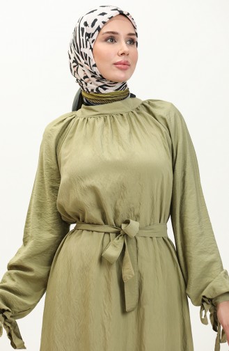 فستان بحزام بربطة أكمام 0238-05 أخضر عسكري 0238-05