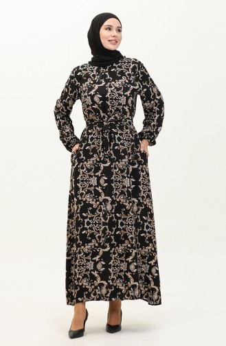 Viscose Patterned Belted Dress 0239-01 Black Mink 0239-01