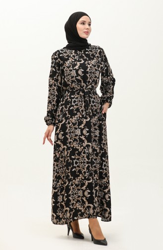 Viscose Patterned Belted Dress 0239-01 Black Mink 0239-01