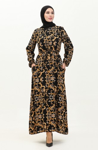 Viscose Patterned Belted Dress 0239-03 Black Mustard 0239-03