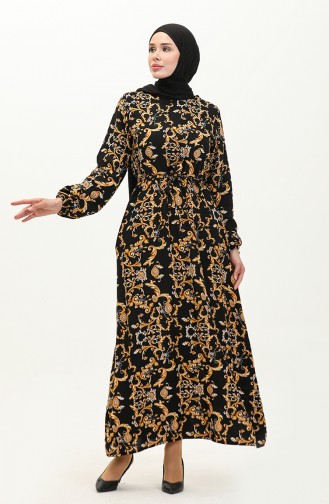 Viscose Patterned Belted Dress 0239-03 Black Mustard 0239-03