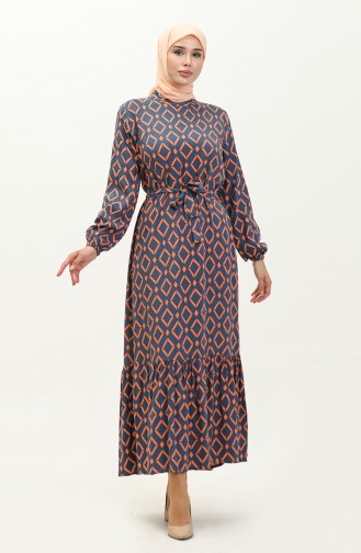 Geometrisch gemustertes Kleid aus Viskose 0240-02 Indigo Lachs 0240-02