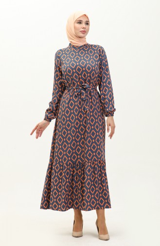 Geometrisch gemustertes Kleid aus Viskose 0240-02 Indigo Lachs 0240-02