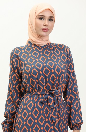 Viscose Geometric Patterned Dress 0240-02 İndigo Salmon 0240-02