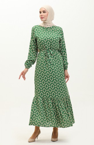 Geometrisch gemustertes Kleid aus Viskose 0240-03 Grün Beige 0240-03