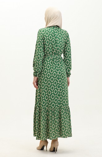 Viskon Geometrik Desenli Elbise 0240-03 Yeşil Bej