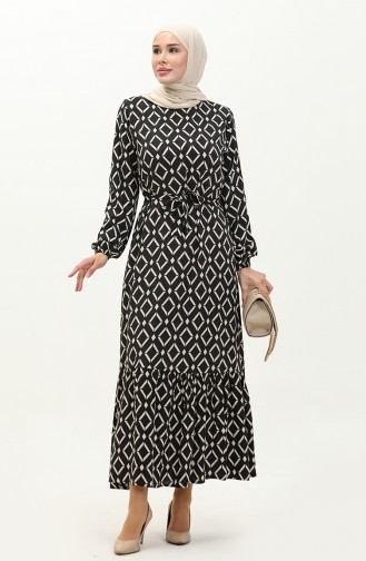 Viscose Geometric Patterned Dress 0240-04 Black Beige 0240-04