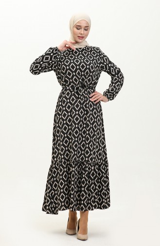 Viscose Geometric Patterned Dress 0240-04 Black Beige 0240-04