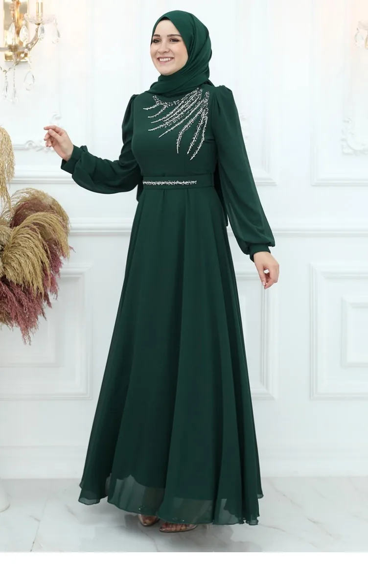 Amine Hüma Belgin Chiffon Abendkleid Smaragd 3045