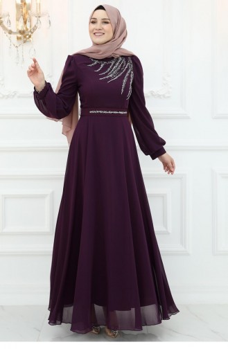 Amine Hüma Belgin Chiffon Avondjurk Pruim 3046