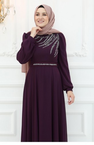 Amine Hüma Belgin Chiffon Avondjurk Pruim 3046