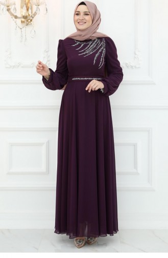 Amine Hüma Belgin Chiffon Avondjurk Pruim 3046