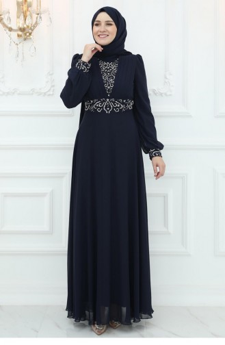 Amine Hüma Burçak Chiffon Avondjurk Marineblauw 3061