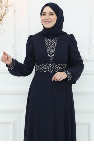 Amine Hüma Burçak Chiffon Avondjurk Marineblauw 3061
