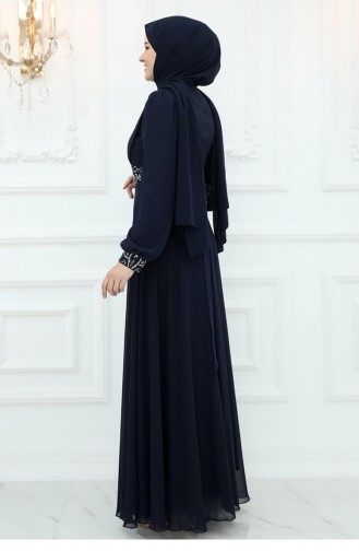 Amine Hüma Burçak Chiffon Avondjurk Marineblauw 3061