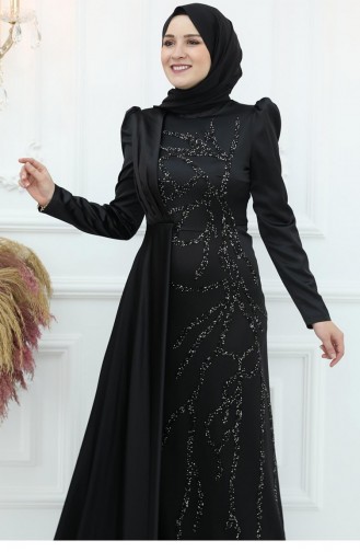 Amine Hüma Burçin Satin Evening Dress Black 3067