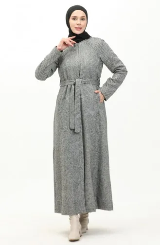 Vivezza Herringbone Stamped Lined Coat Abaya 6991-02 Black White 6991-02