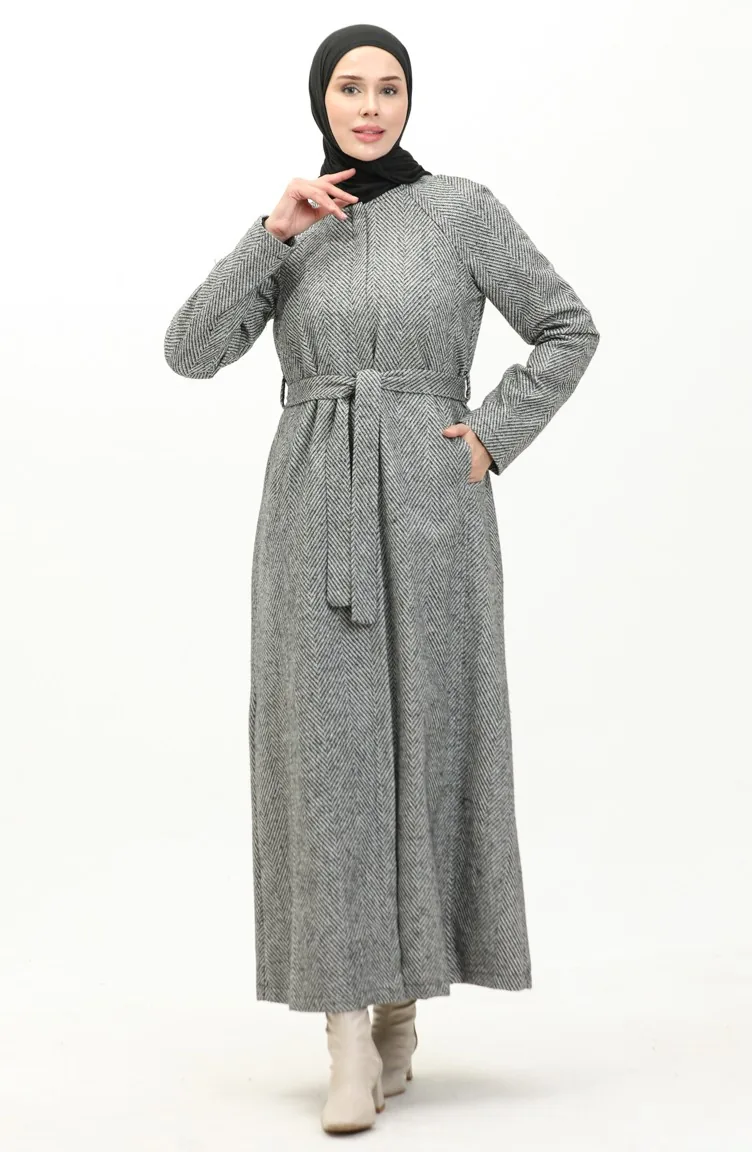 Vivezza Herringbone Stamped Lined Coat Abaya 6991-02 Black White 6991-02