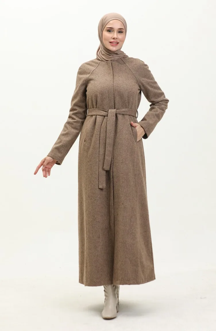 Vivezza Gefütterter Mantel Abaya Mit Fischgrätenmuster 6991-06 Senf 6991-06