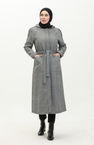 Vivezza Herringbone Removable Hooded Cashmere Coat 6992-02 Black White 6992-02