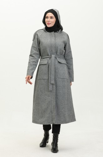 Vivezza Herringbone Removable Hooded Cashmere Coat 6992-02 Black White 6992-02