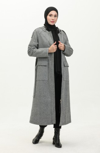 Vivezza Herringbone Removable Hooded Cashmere Coat 6992-02 Black White 6992-02