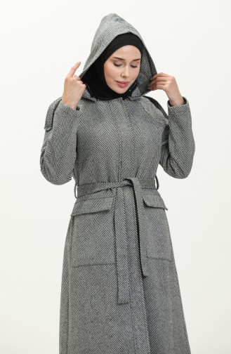 Vivezza Herringbone Removable Hooded Cashmere Coat 6992-02 Black White 6992-02