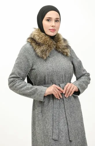 Vivezza Seyyar Kürklü Balıksırtı Kaşe Astarlı Manto 6993-02 Siyah Beyaz