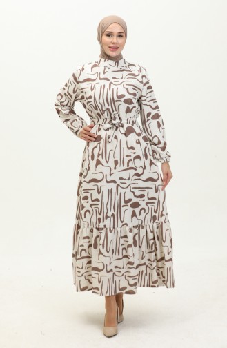 Terikoton Kleid Mit Gürtel 0168-01 Ecrubraun 0168-01
