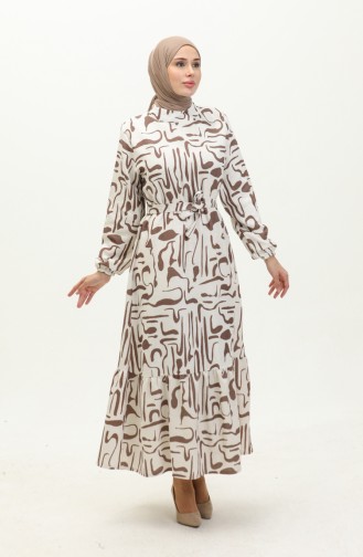 Terikoton Kleid Mit Gürtel 0168-01 Ecrubraun 0168-01