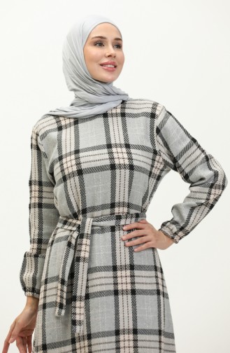 Chanel Ekose Desenli Büzgülü Elbise 0169-01 Gri Siyah 0169-01