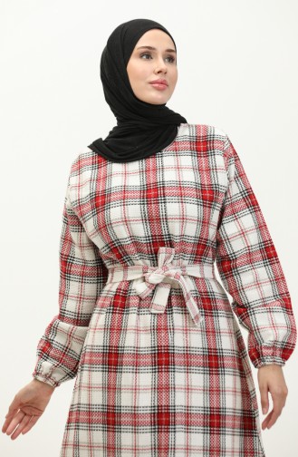 Chanel Ekose Desenli Büzgülü Elbise 0169-06 Kırmızı Siyah 0169-06