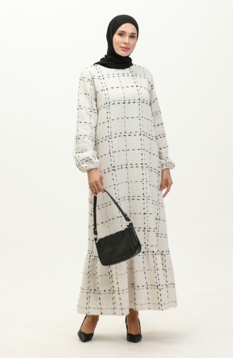 Chanel Ekose Desenli Büzgülü Elbise 0169A-02 Ekru Siyah 0169A-02