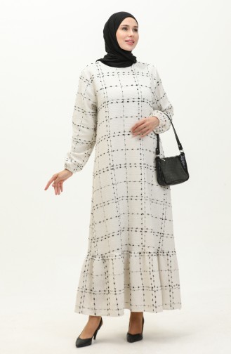 Chanel Ekose Desenli Büzgülü Elbise 0169A-02 Ekru Siyah 0169A-02
